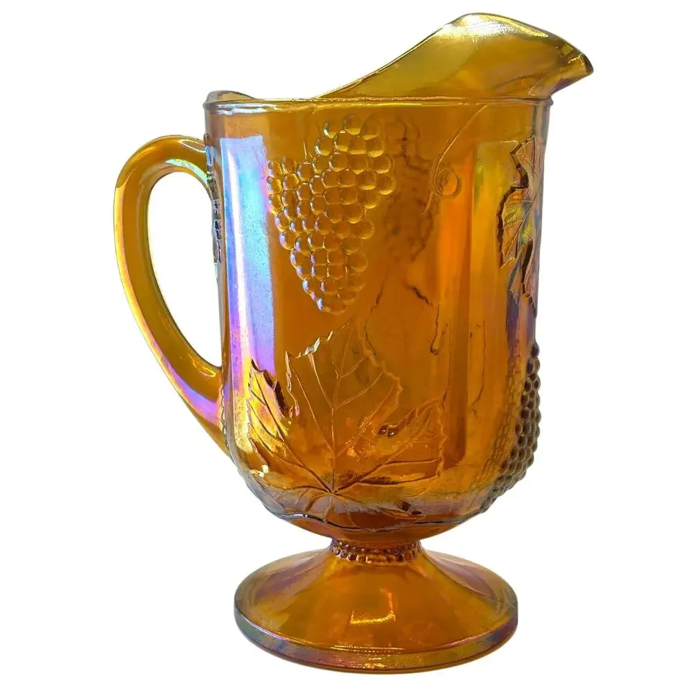 VTG 1970's Indiana Glass Pitcher in Harvest Grapes Pattern, Amber Carnival Glass